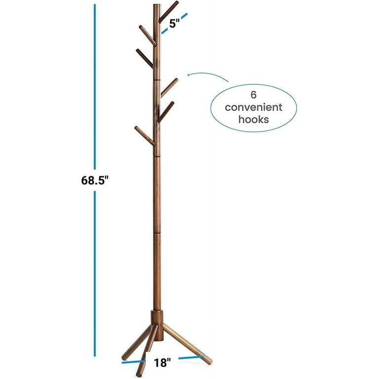 High Grade Wooden Tree Coat Rack Stand 6 Hooks Super Easy Assembly NO Tools Required 3 Adjustable Sizes Free Standing Coat Rack Hallway Entryway