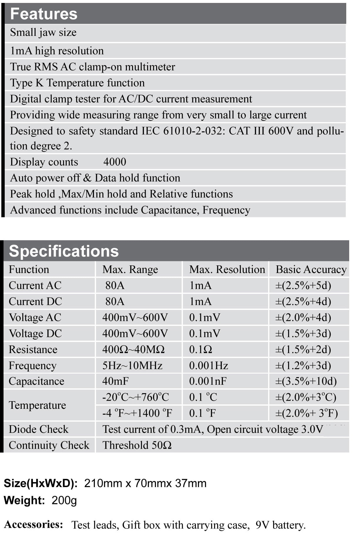 Ruby Electronics DT-338 80A / 1mA Clamp-on AC/DC Current Voltage Capacitance Frequency Resistance Temperature Meter True RMS
