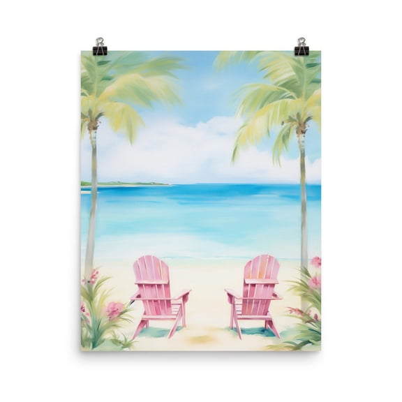 Anguilla Beach Print, Pink Chairs Caribbean Sea Art, Tropical Island Print, Paradise Wall Decor, Exotic Coastal Travel Art Home Decor #102, Unframed Poster Size 8x12