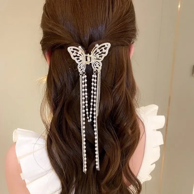 Butterfly Hair Clip With Long Tassel Hair Accessories For Women Elegant lmitationPearl Rhinestone Shark Hairpins Jewelry