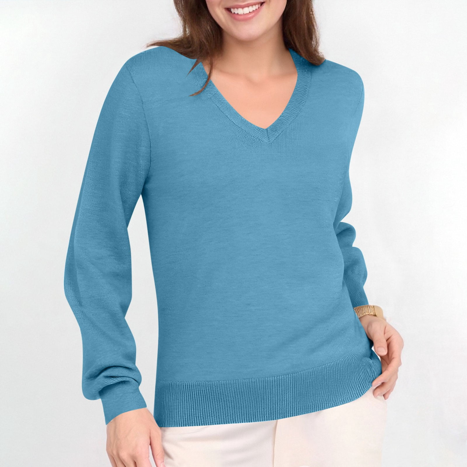 Hvot&aat Womens Solid Color Knitting Sweater Long Sleeve V Neck Classic Pullover Soft Lightweight Tops
