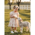 thumbnail image 6 of BemeyourBBs Kids Toddler Baby Girls Summer Smocked Dress Little Girl Cotton Linen Outfit Bow Print Short Sleeve Square Neck Ruffle Dress and Headband Set, 6 of 9