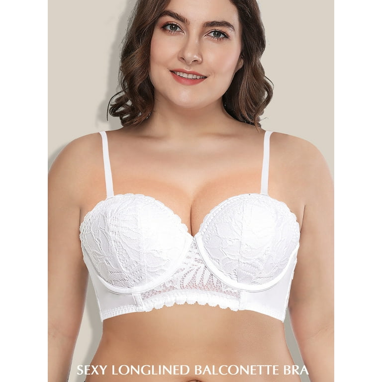Deyllo Women's Push Up Strapless Bra Plus Size Lace Underwire Full Coverage  Multiway Invisible Bras,White 42DD 