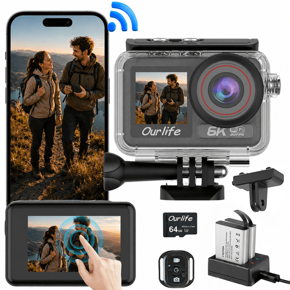 Ourlife 6K 30FPS Action Camera, 75MP Dual Screen 100FT Waterproof Sports Camera with EIS, WiFi, 170° Wide Angle, 64GB Card, 2 Batteries