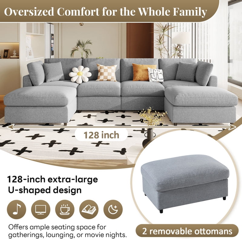 U-Shaped Modular Sectional Sofa with 2 Movable Ottomans, 128'' Chenille Upholstery Sofa Couch, 6-Piece Configurable Couch, Deep Seat Sofa for Living Room, Home Theater