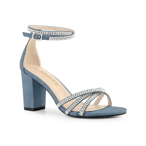 BLISSFUL STEP Women's Shoes Rhinestone Crisscross Strappy Block Heel Faux Suede Ankle Buckle Sandals Haze Blue 8