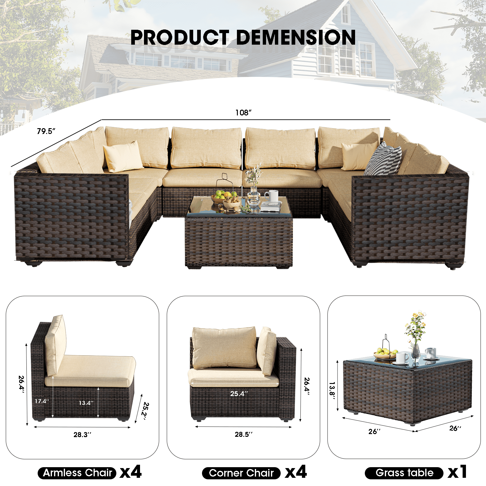Grezone 9 Pieces Outdoor Patio Furniture, PE Wicker Rattan Sectional Sofa Patio Conversation Sets