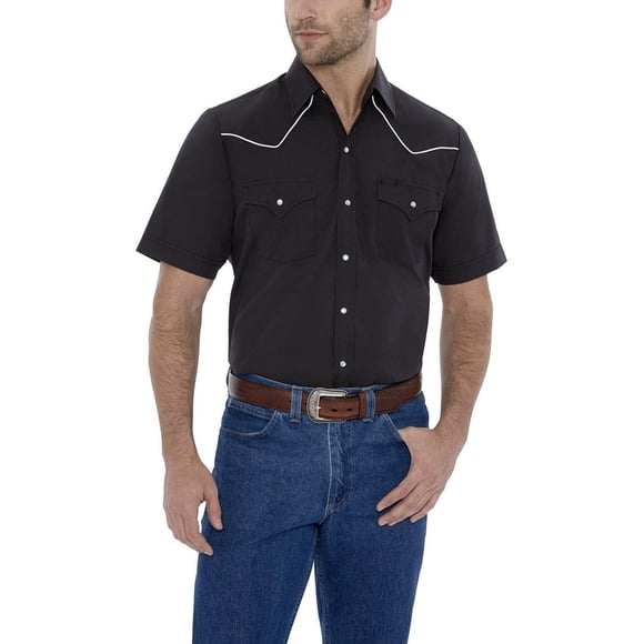 Ely Cattleman Men's Short Sleeve Solid Western Shirt with Contrast Piping, Black, XL