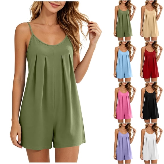 Umfun Women's Spaghetti Strap Pleated Romper with Flowy Fit - Soft Lightweight Sleeveless Summer Playsuit with Scoop Neck for Beach Vacation & Lounge Wear