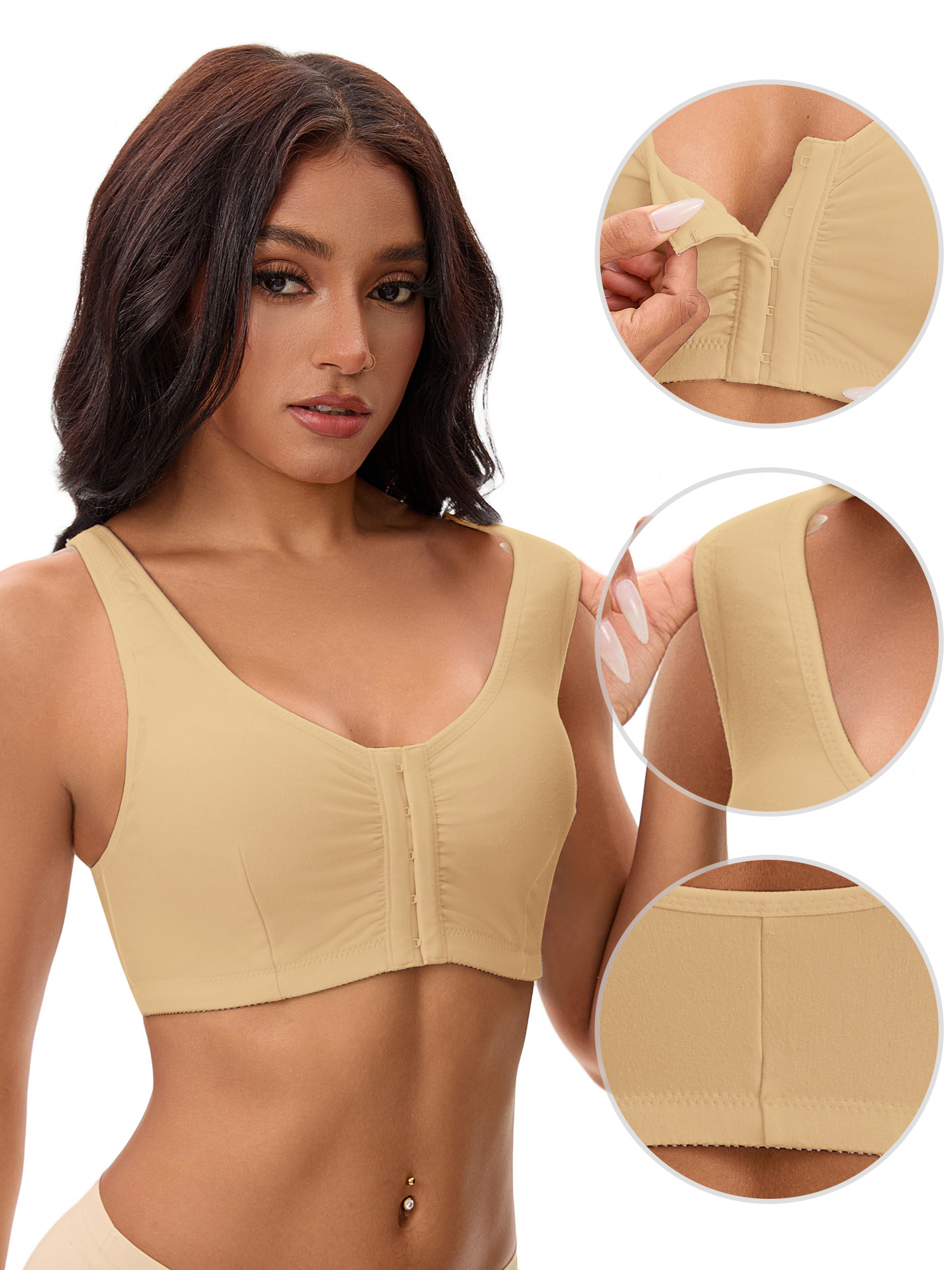 Unique Bargains Women's Front Closure Adjustable Strap Wirefree Workout Bras XXL Beige