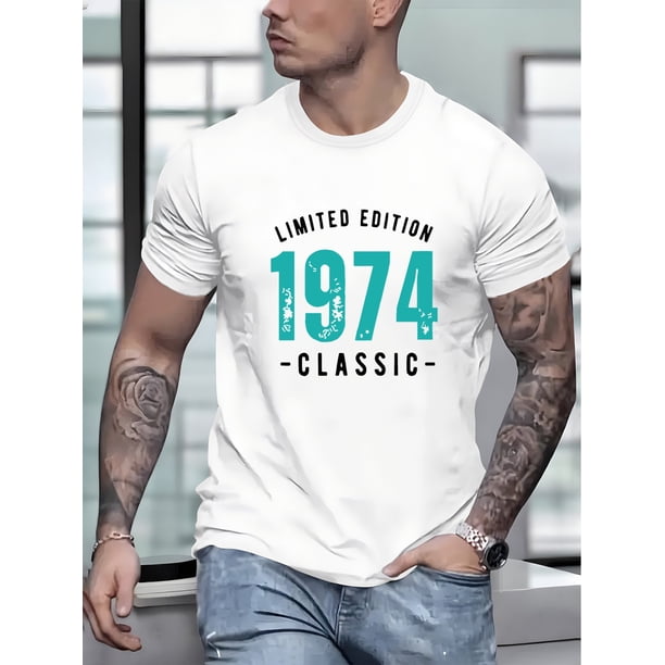 1974 Class Print, Men's Round Crew Neck Short Sleeve, Simple Style Tee Fashion Regular Fit T-Shirt, Casual Comfy Breathable