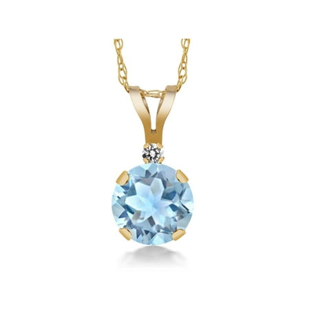 Blue Agate Round Pendant - 0.77 Ct Round Sky Blue Aquamarine White Diamond 14K Yellow Gold Pendant
