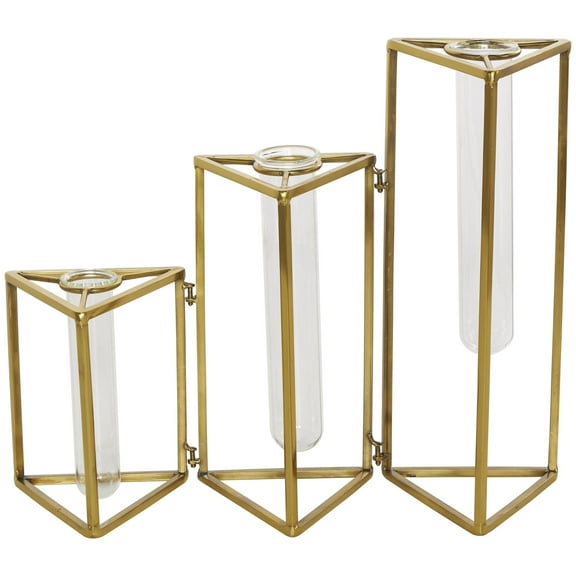 DecMode 12" Geometric Foldable Test Tube Bud Gold Stainless Steel Metal Vase with Triangular Frames