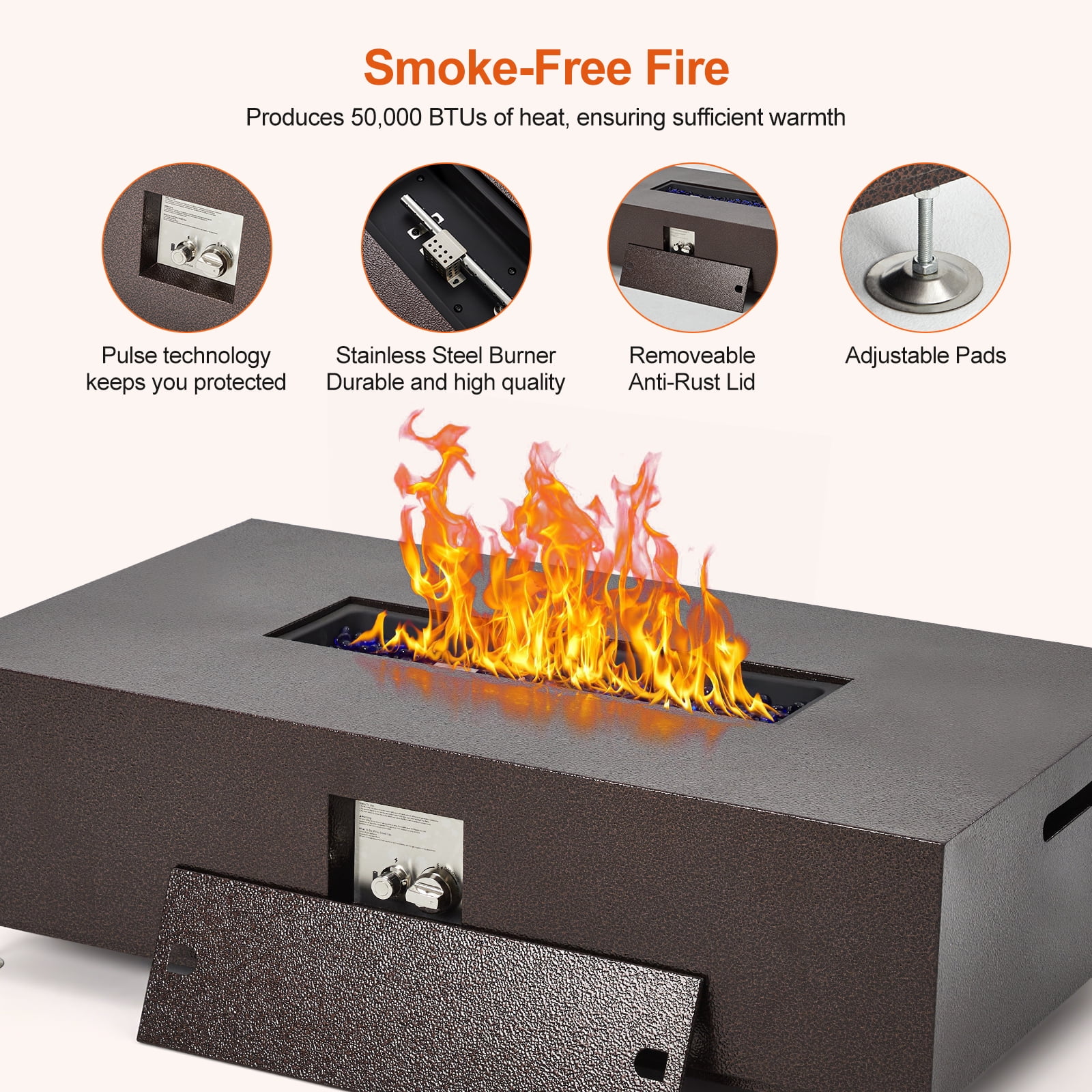 Petyee 48" Outdoor Propane Fire Pit Table with Side Table, 50,000 BTU Rectangle Fire Table w/Wind Guard, Fire Glass & Waterproof Cover for Patio, Deck, Garden, Indoor