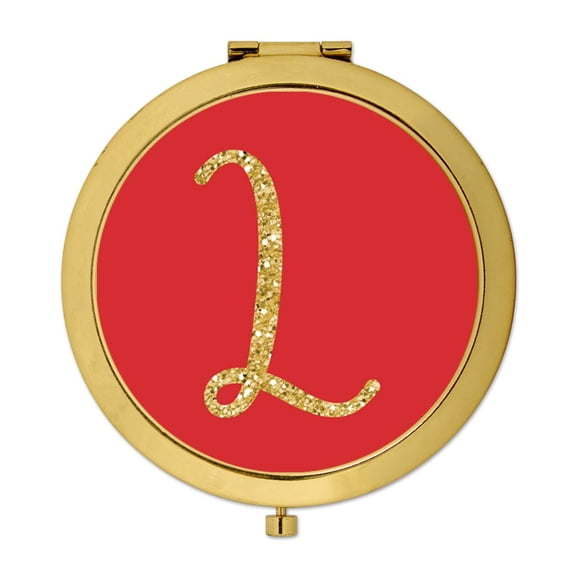 Koyal Wholesale Gold Compact Mirror Bridesmaid's Wedding Gift, Red with Faux Gold Glitter, Monogram Letter L, 1-Pack