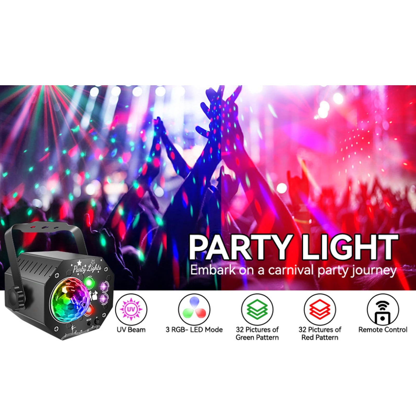 3-in-1 Mini Disco Party Light, RGB LED DJ Light with Strobe, Red & Green Star Projection, Sound Activated, Remote Control