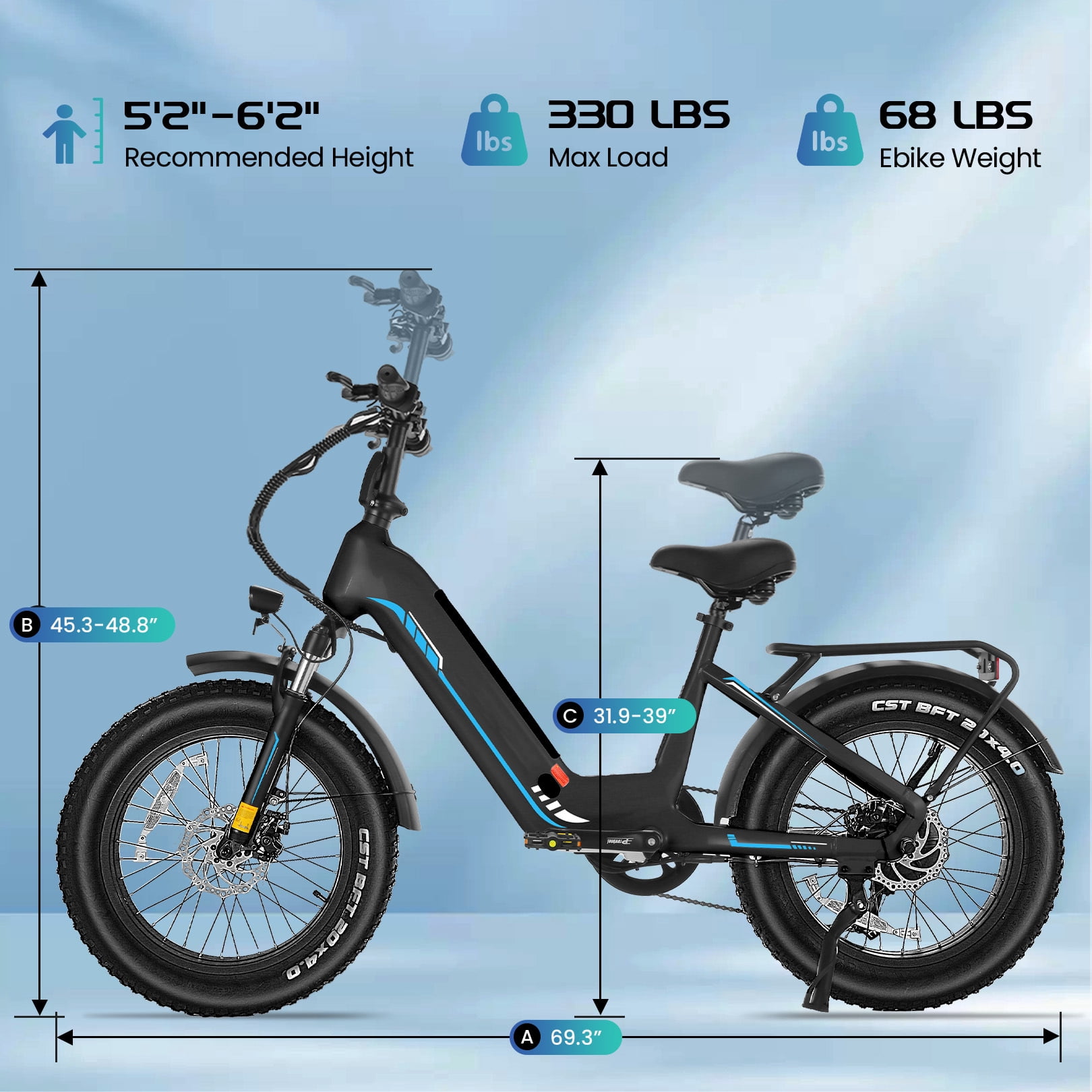 Elifine 500W Peak 1025W Electric Bike for Adults 20"x4" Fat Tire Shimano 7 Speed Ebike UL2849 Blue