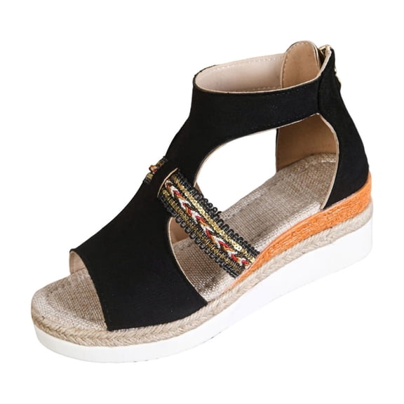 HomeDM Womens Espadrilles Wedge Sandals Comfort Platform Open Toe Back Zipper Summer Casual Beach Sandals, Black Size 9.5