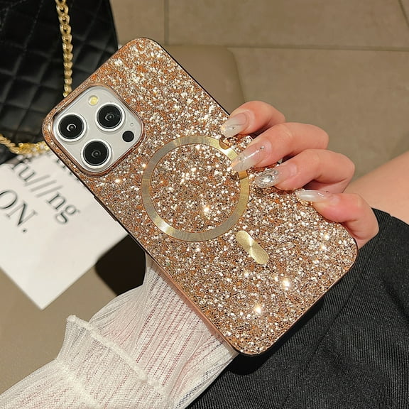 Magnetic Glitter Case for iPhone 14 Pro Max, Luxury Shining Bling Phone Case Compatible with MagSafe for Women Girls, Wireless Charging Support Shockproof Cover for iPhone 14 Pro Max, Rosegold