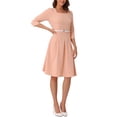 thumbnail image 4 of INSPIRE CHIC Women's Work Elegant Square Neck 3/4 Sleeve Belted Pleated a Line Church Midi Dress XS Pink, 4 of 6