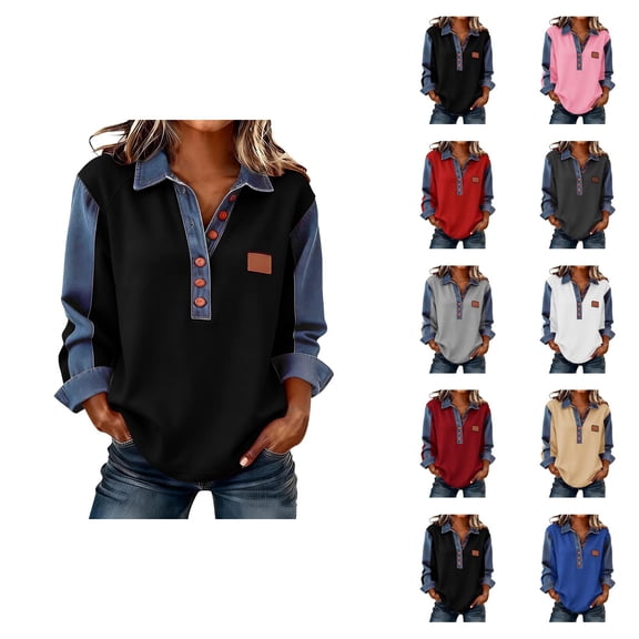 Long Sleeve Shirts for Women Denim Patchwork Button Down Lapel Callar Pullover Dressy Casual Office Work Blouse Womens Tops