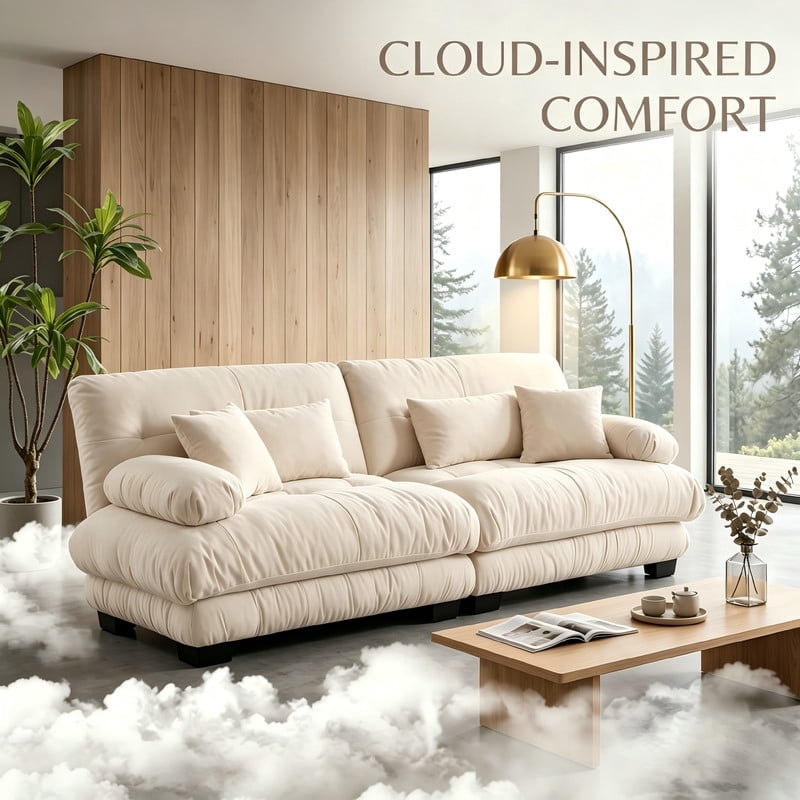 ANPPORT Cloud Couch Sleeper Sofa, Chenille Light Coffee 2-Seater Modular Sofa, 2 Lumbar pillows, 2 Pillows, Comfy Deep Seat Cloud Sofa, Convertible L-Shaped Floor Couch for Living Room