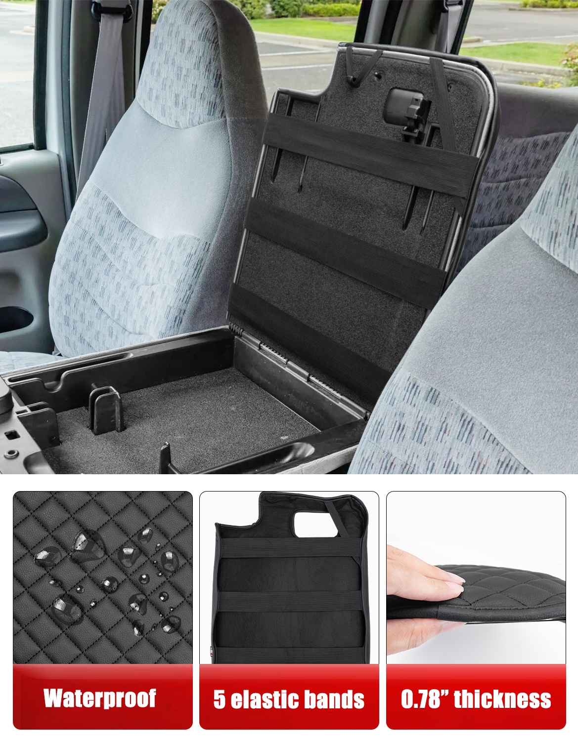 KBH Center Console Cover for 1999-2001 Ford F250 F350 F450 Super Duty with Jump Seat Console, Black Leather Armrest Cushion Pad for F250 Accessories