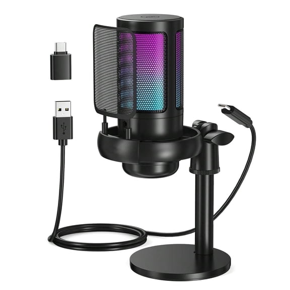 Aveek RGB Gaming Microphone, USB Condenser Mic for PC,PS4/PS5,Phone,Mac, Streaming,Discord,Twitch, Podcast,Videos with Tripod Stand, Pop Filter