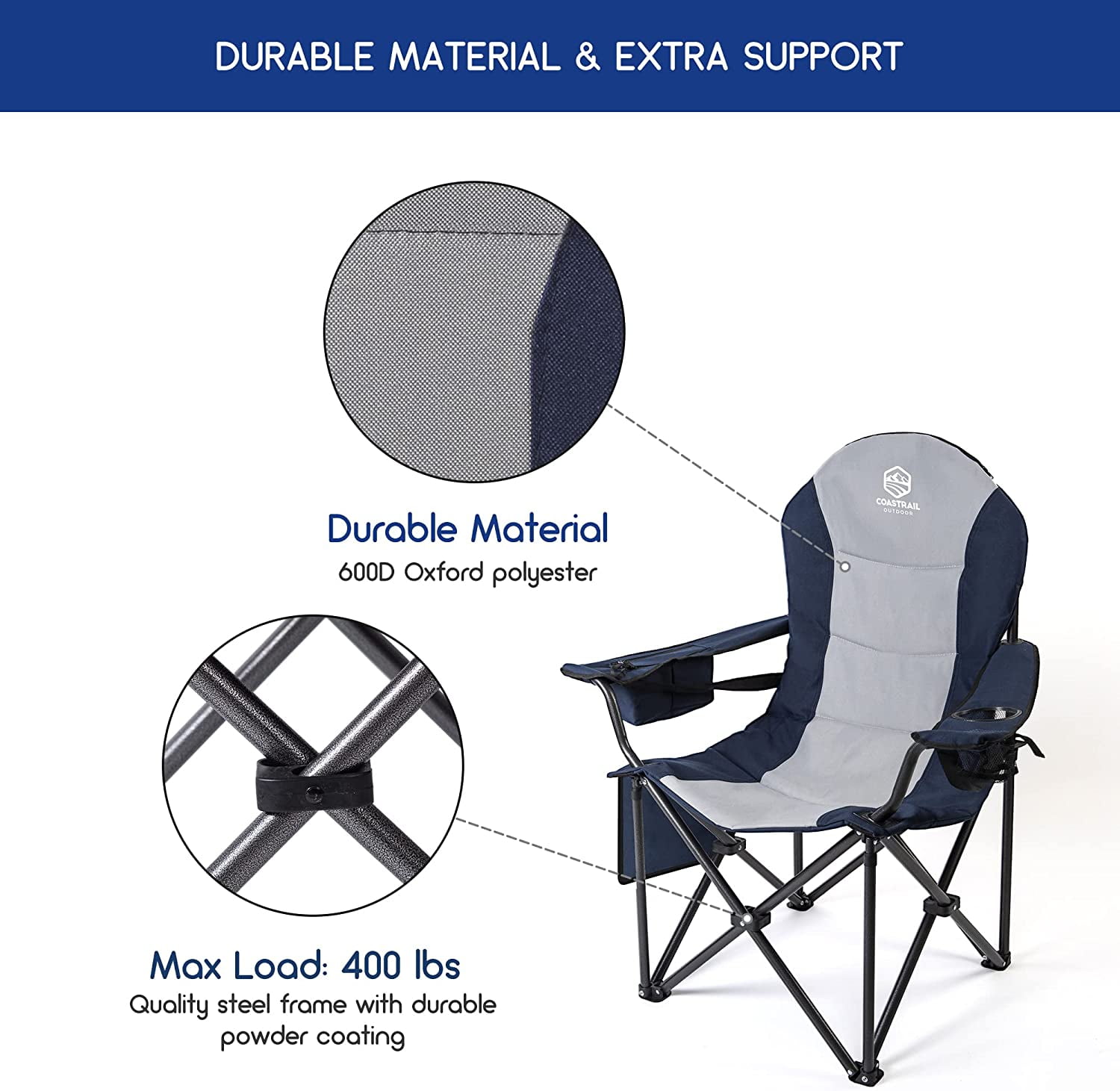 Coastrail Outdoor Camping Chair Oversized Padded Folding Quad Arm Chairs  with Lumbar Back Support, Cooler Bag, Cup Holder & Side Pocket, Extra Head 