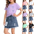 thumbnail image 2 of Qingpeng Kids Girls Summer Bow Print Short Sleeve Round Neck Tee and Denim Skirt Matching Outfit Set for Kids, 2 of 6