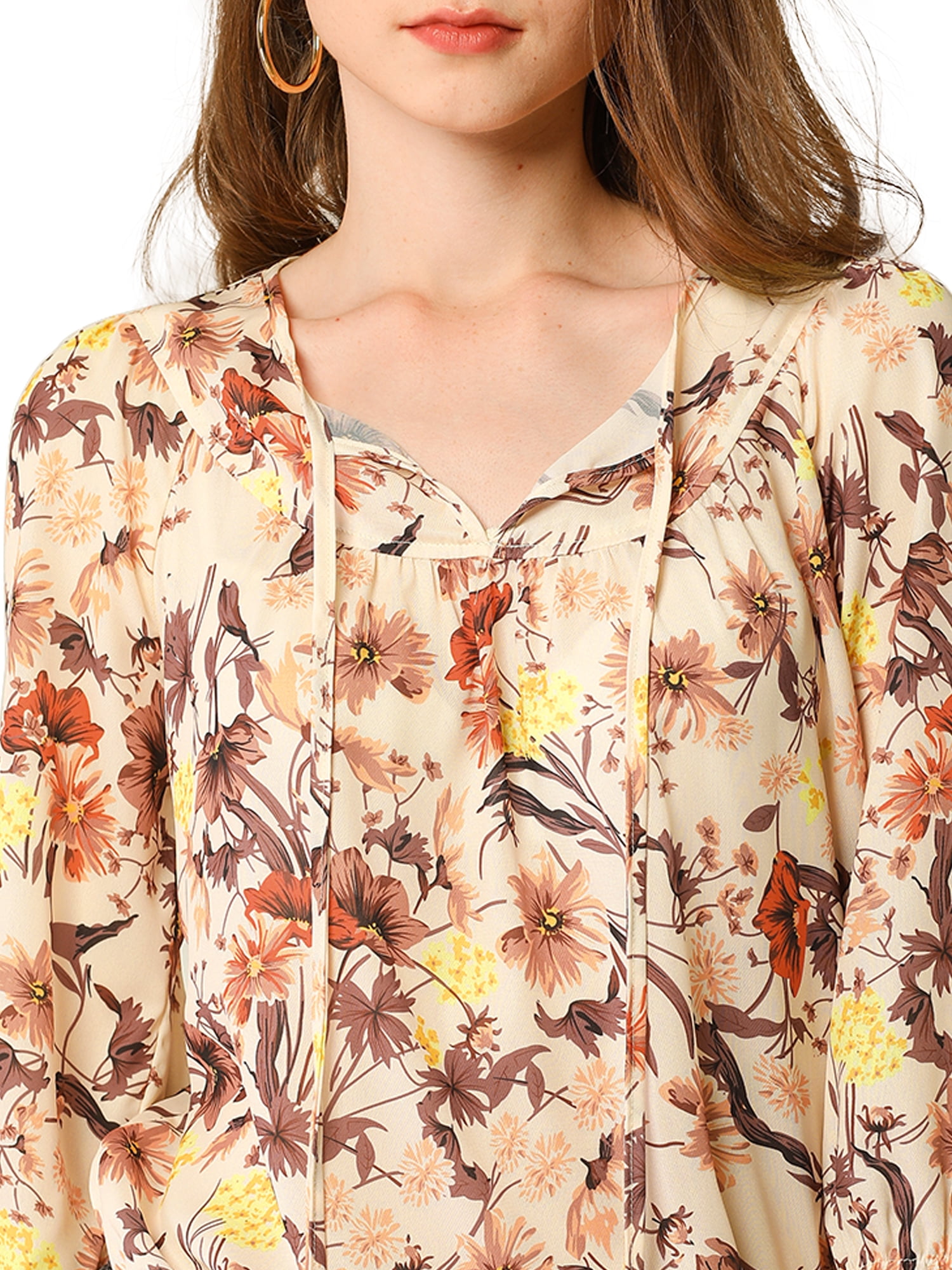 DARING DIVA Tie V Neck Boho Ruffled 3/4 Sleeve Blouse L Beige