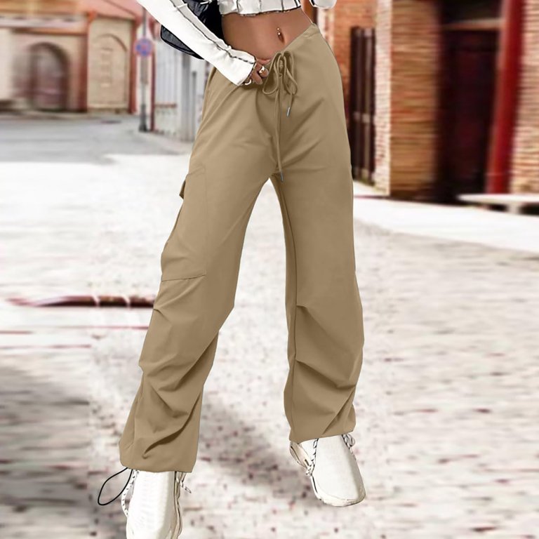 KJIUQ Parachute Pants for Women Baggy Cargo Pants Multi-Pocket