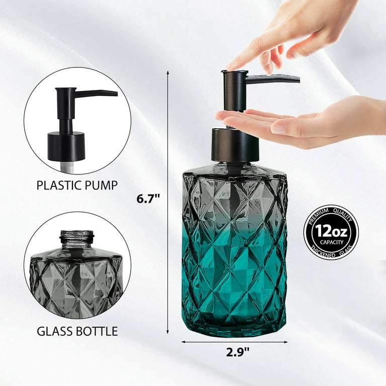 Aomota 2 Pack Glass Soap Dispenser Diamond Design , 12 Ounce Kitchen Soap Dispenser for Bathroom, Hand Soap, Dish Soap (Clear and Grey), Size: 3.9 x
