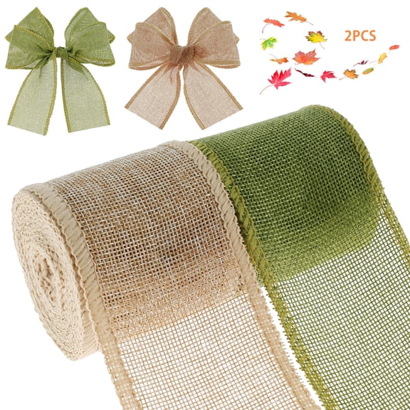 2 Rolls Burlap Ribbon Handmade Linen Wired Edge Ribbon Large Bow Garlands Decoration