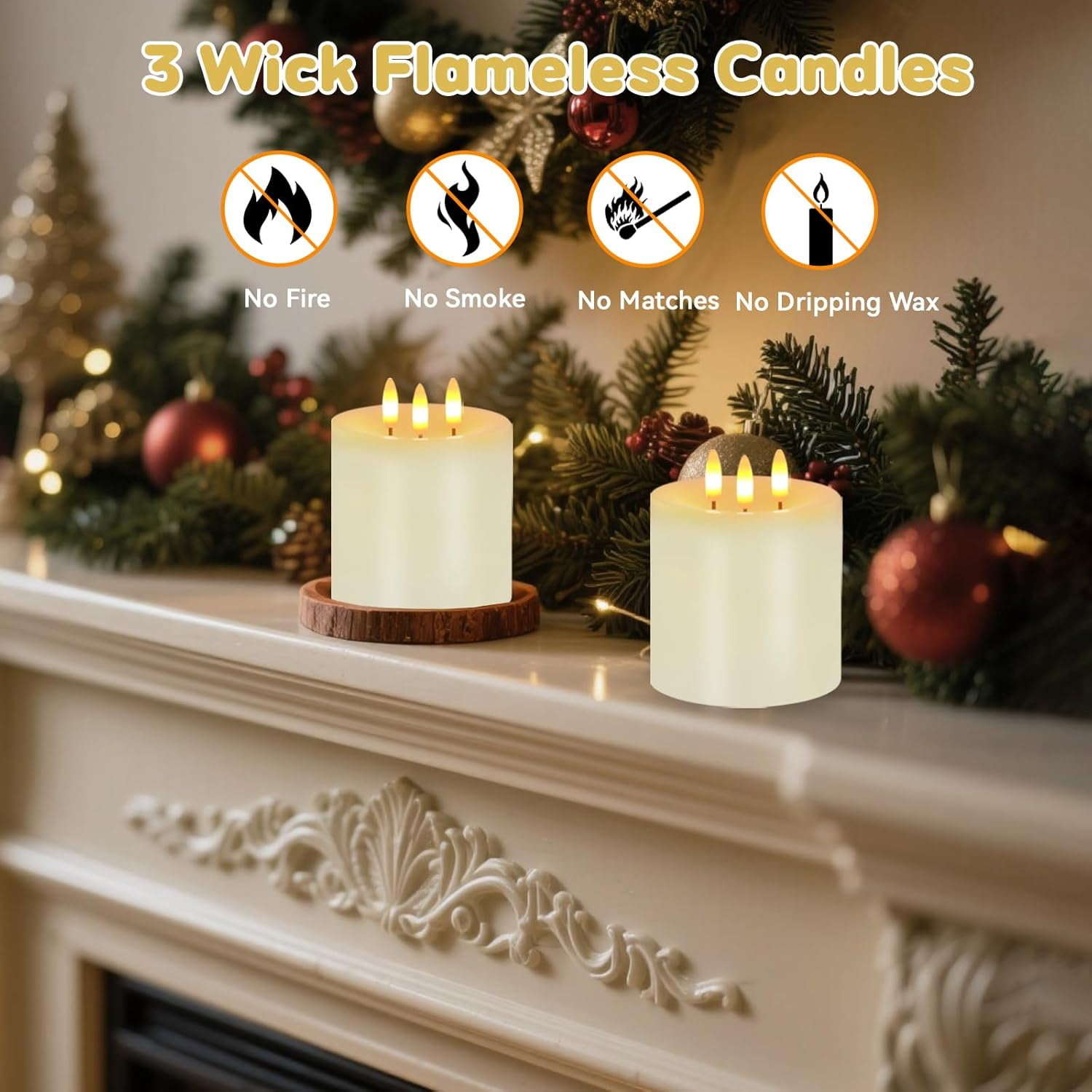 3 Wick Flameless Candles Set of 2, 4"x4" Flickering Large Flameless Candles with Remote & Timer, Dimmable Real Wax Electric Pillar Candles Battery Operated,  LED Candles for Home Wedding Xmas Decor