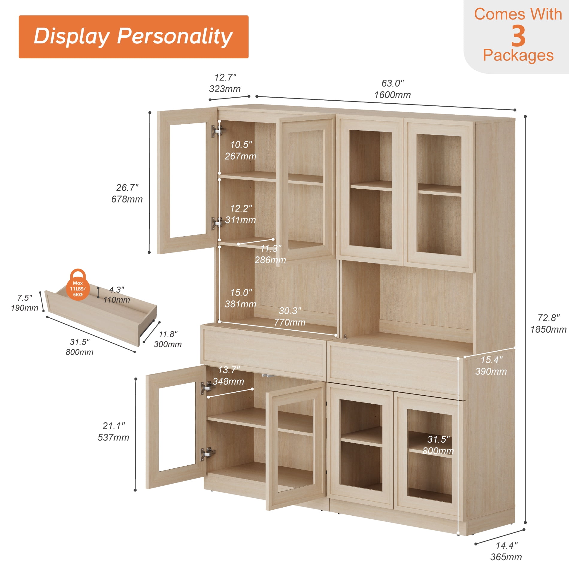Modern 72"Tall Sideboard, Wood Buffet Display Cabinet with Glass Doors, Drawers and Adjustable Shelves, Multi-Layer Storage Console for Dining Room,Living Room,Entryway,Beige