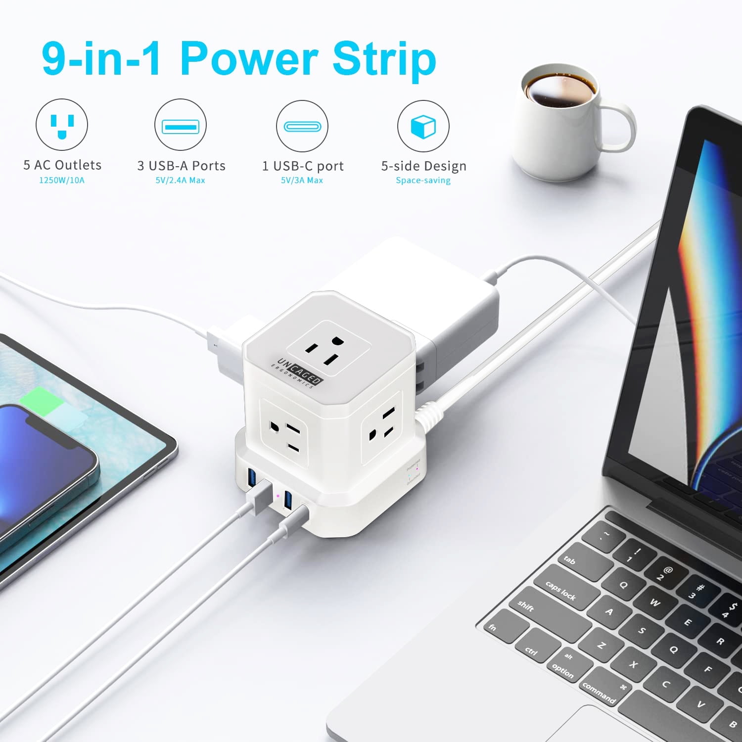 Cube Power Strip with Surge Protection – 10ft Extension Cord, 5 AC Outlets + 3 USB + 1 USB-C Fast Charging Ports, Mountable Charging Station with On/Off Switch