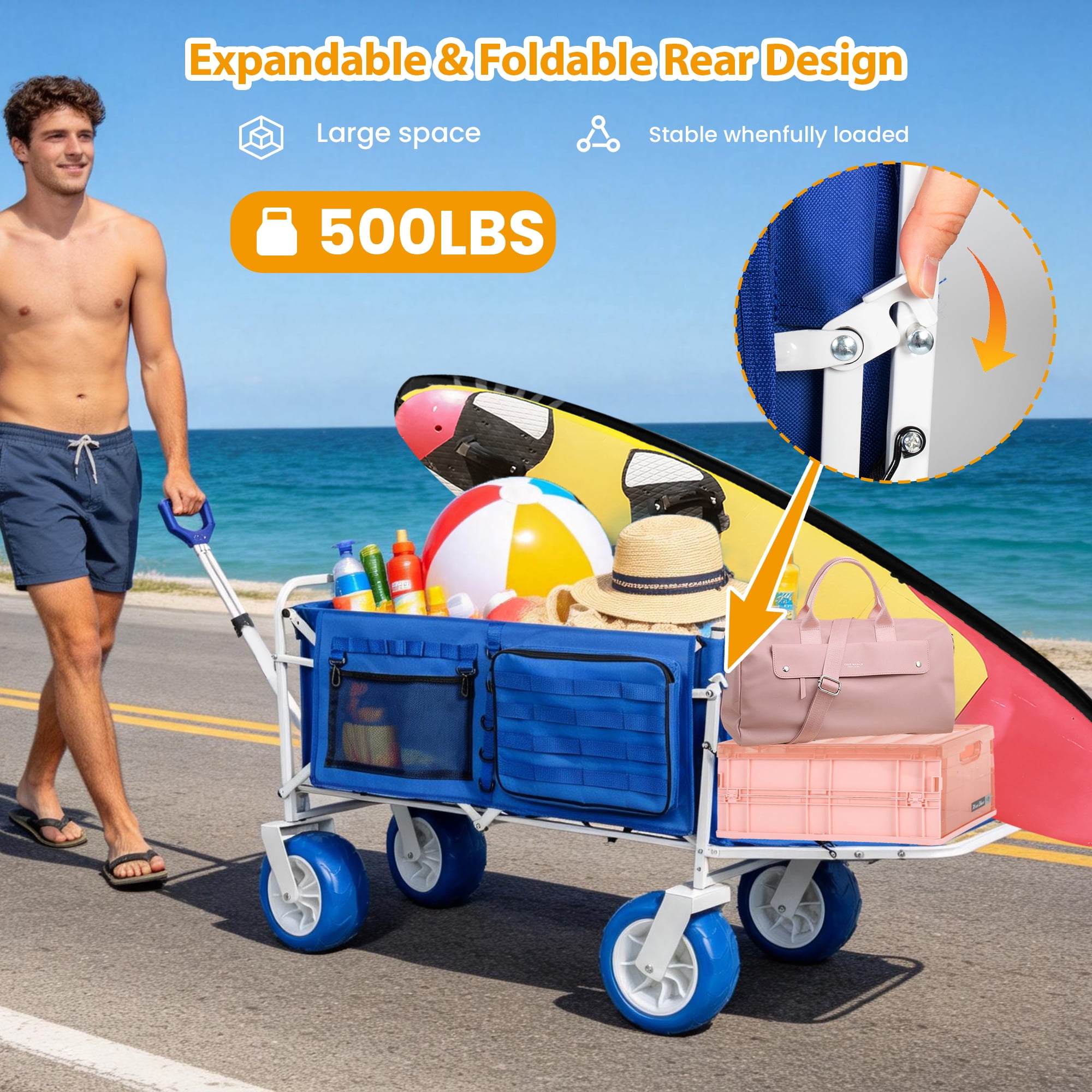 Beach Wagon Cart Opened Tailgate 9 Inch All-Terrain Wheels 500lbs Heavy Duty Collapsible Folding Wagon Adjustable Handle Cooler Storage Bags Beach Camping Garden Outdoor Sports Blue