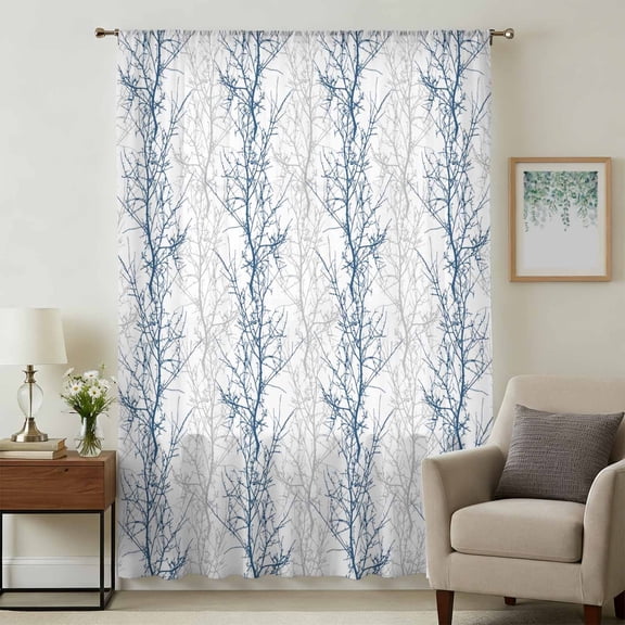 Navy Blue Grey Branch Sheer Curtains 108" Extra Long, Spring Summer Pastoral Botanical Light Filering Curtains, Privacy Drapes Simi Floor to Veiling Curtain for Living Room Large Window Treatment
