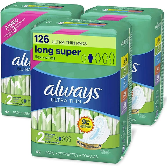 Always Ultra Thin Feminine Pads with Wings for Women, Super Absorbency, Unscented, Size 2 (126 Count)