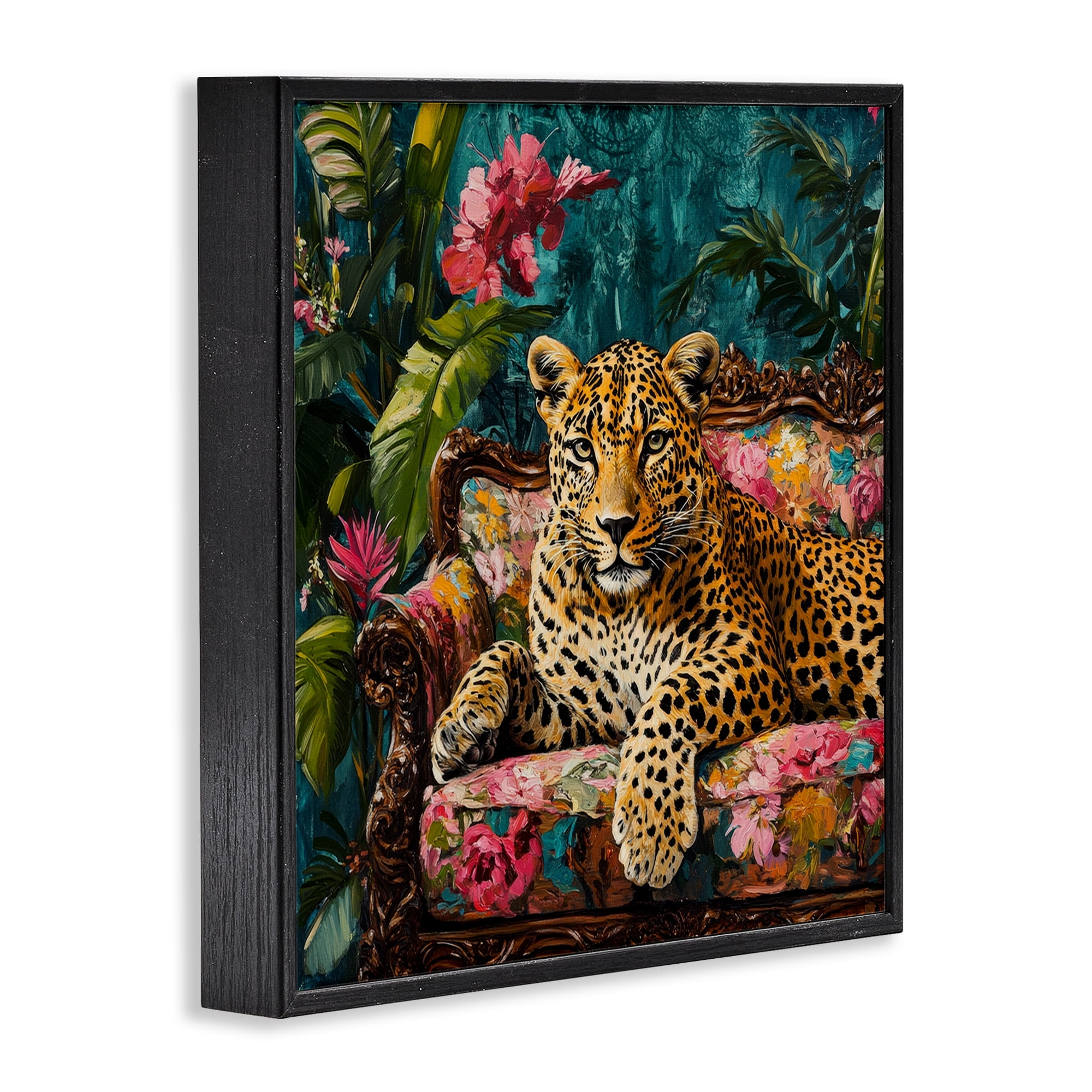 Stupell Industries Fashionable Leopard on Floral Sofa Black Framed Giclee Art, design by Petal Prints Design