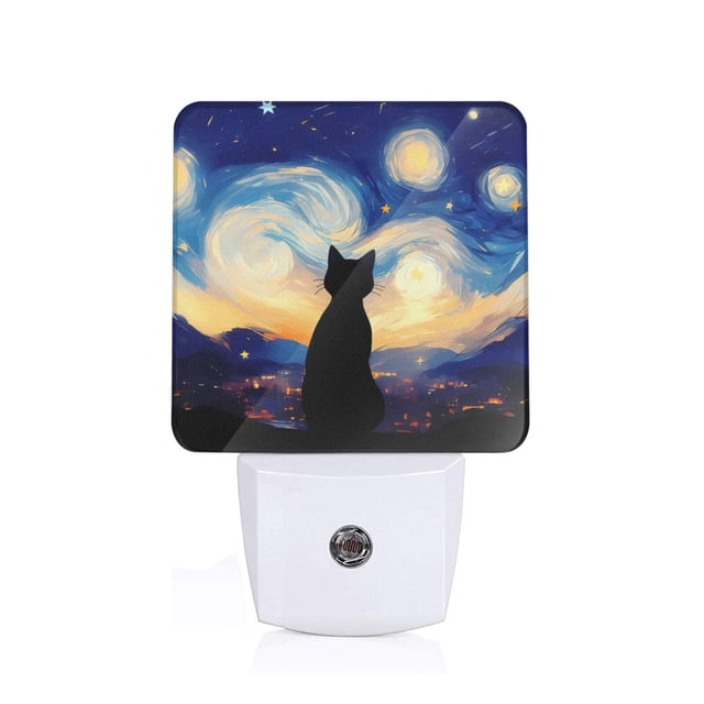 Fotbe Cat Under Starry Skies Luz Nocturna LED, Luz de Noche con Sensor de Luz Natural de Anochecer a Amanecer, Se Enchufa a la Pared, Blanco Cálido 0.5W-US