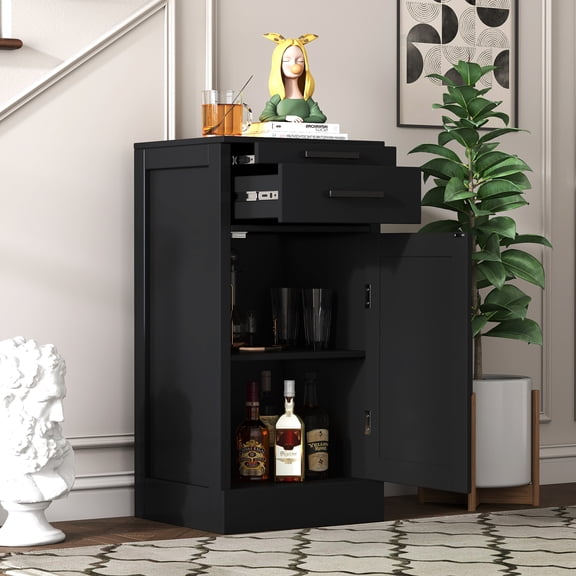 Wine Bar Cabinet Storage Hutch with Drawer Open Shelf for Dining Room, Black