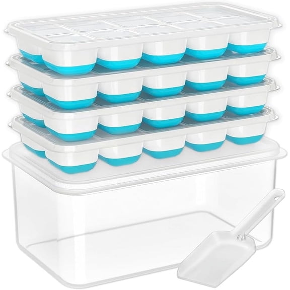 Cnshop 4-Pack Silicone Ice Cube Tray Set with Lid, Bin & Scoop, Stackable Freezer Ice Cube Trays with Storage Container