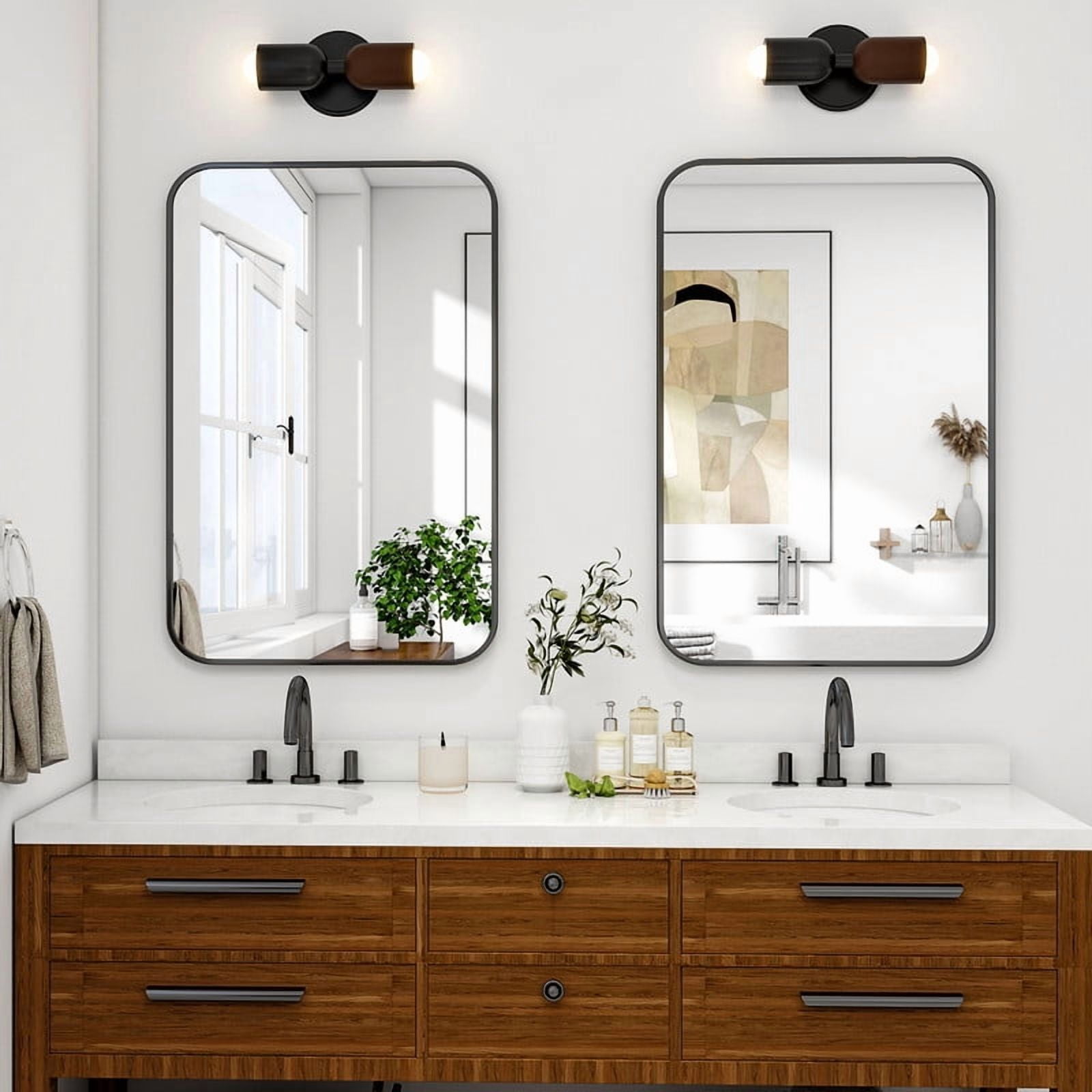 Easy4Home 28"x20" Rectangular Bathroom Mirror Hanging Rounded Corners Vanity Mirror Wall Mounted, Black