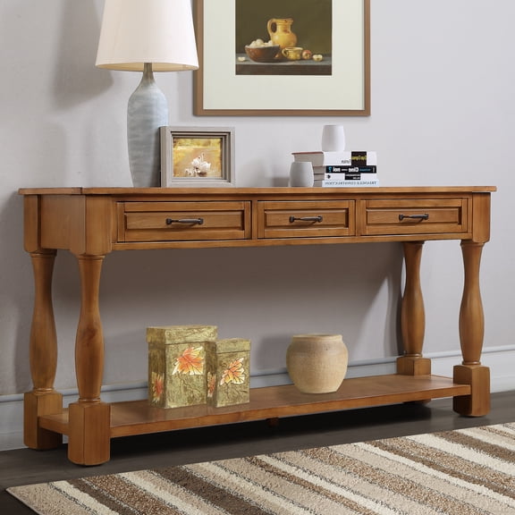 MMGW 60" Long Console Table with 3 Drawers and Bottom Shelf, Brown