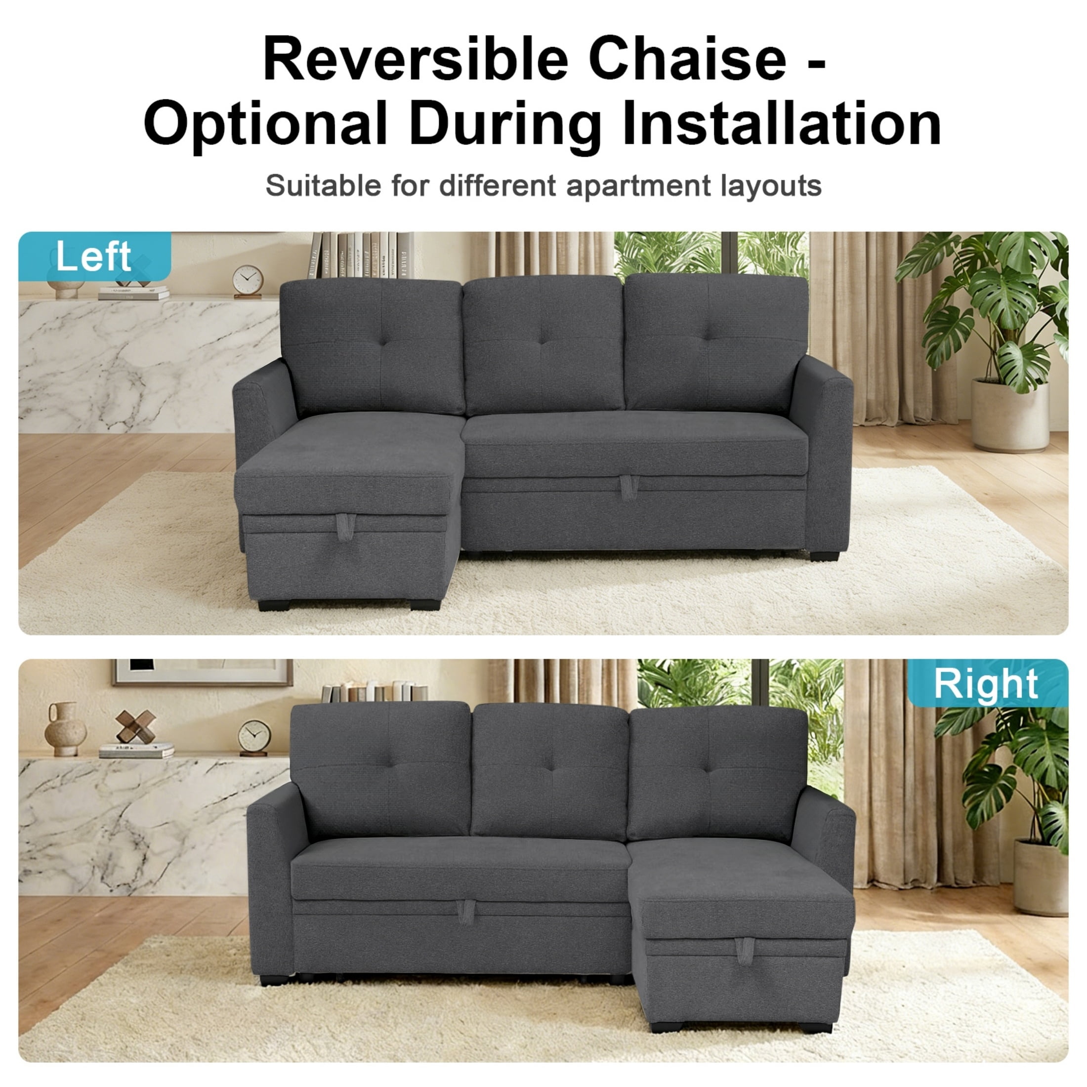 ShiKeyi 82" L Shaped Sleeper Sofa Bed, Sectional Sleeper Couch with Pull Out Bed, 3 Seat Convertible Sofa Bed with Storage Chaise, USB Charging Ports for Living Room, Dark Grey Linen Fabric
