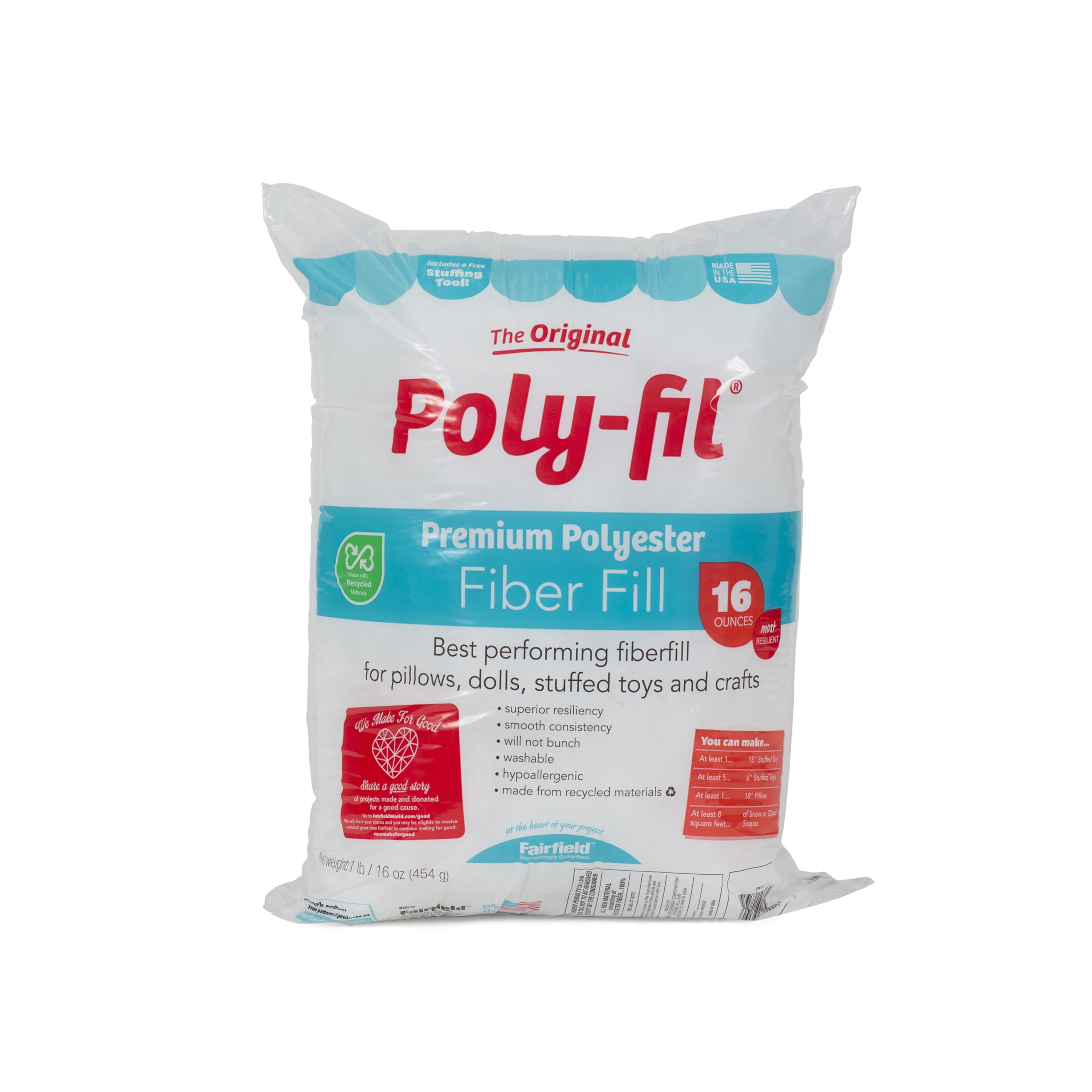 15oz Bag, Polyester Fiber Fill Stuffing, Fairfield Poly-Fil Premium Fiber  Fill stuffing, Polyester stuffing, bulk polyfill, Toy stuffing