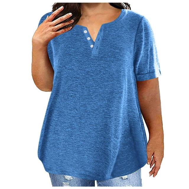 Jgppe Women's Casual Tunic Tops Basic Tees Solid Color Button up V Neck Short Sleeve Blouse Summer Daily