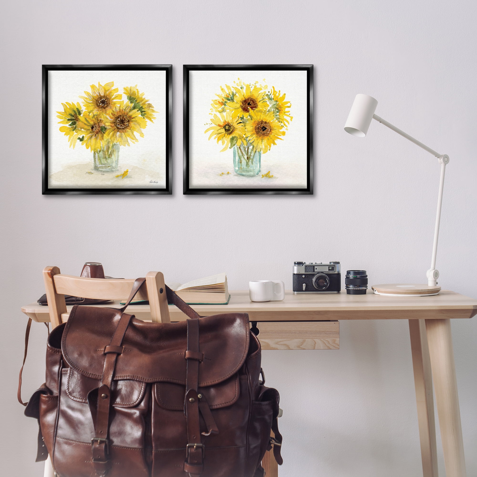 Stupell Industries Sunflower Bouquet Jar Plants & Flowers Painting Black Floater Framed Canvas Art Print Wall Art, 18 x 18, Set of 2